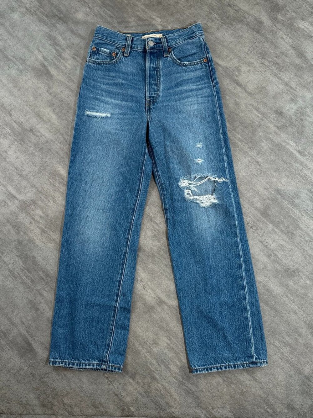 Levi's Ribcage Straight Ankle Jeans W24 L27 Distressed Blue Denim Noe High